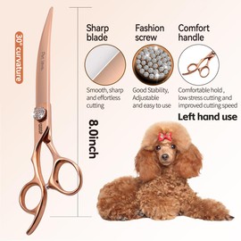FOGOSP Professional Left Handed Curved Dog Grooming Scissors 8'' Downward 30° Rose Gold Titanium Japan 440C Pet Grooming Trimming Shears for Large Dog Poodle(8,Curved)