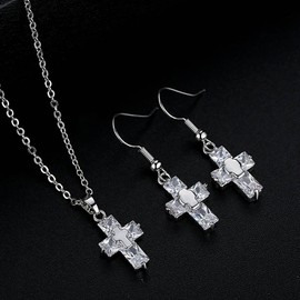 Zhang Trading Co., Ltd. 14K White Gold-Plated Cross Cubic Zirconia Necklace+Hook Earrings Set