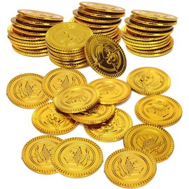 WANGZAIZAI Pack of 100 Gold Coins, Pirate Treasure Gold Coins Toy, Pirate Treasure Gold Coins Play Money, Pirate Gold Coins Children's Birthday, Pirate Party Pirate Treasure Hunt (100 Pieces)