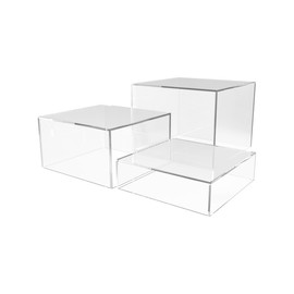 Marketing Holders 3 Piece Acrylic Display Riser Boxes Clear Retail Product Riser with Hollow Bottom No Lid 2", 4", 6" High Nesting Bins One Open Side Merchandise Storage Box
