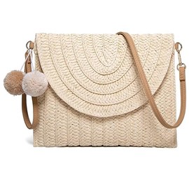 zhuanq Handmade Woven Straw Crossbody Bag for Women - Adjustable Summer Beach Clutch Purse with Shoulder Strap & Envelope Design (White)