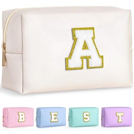 TOPEAST Birthday Gifts for Teen Girls, Travel Makeup Bag Chenille Letter Pouch Cosmetic Bag, Makeup Travel Organizer, Monogrammed Bridesmaid Gifts for Women, Cute Stuff For Teen Girls (White J)