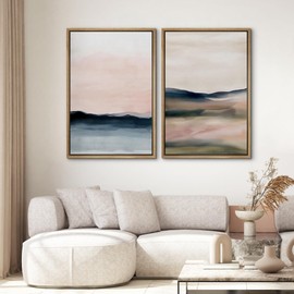 SIGNWIN Framed Canvas Print Wall Art Set Pastel Watercolor Sunset Landscape Abstract Shapes Illustrations Minimal Decorative Boho Nordic Relax/Zen for Living Room, Bedroom, Office - 24"x36"x2 Natural