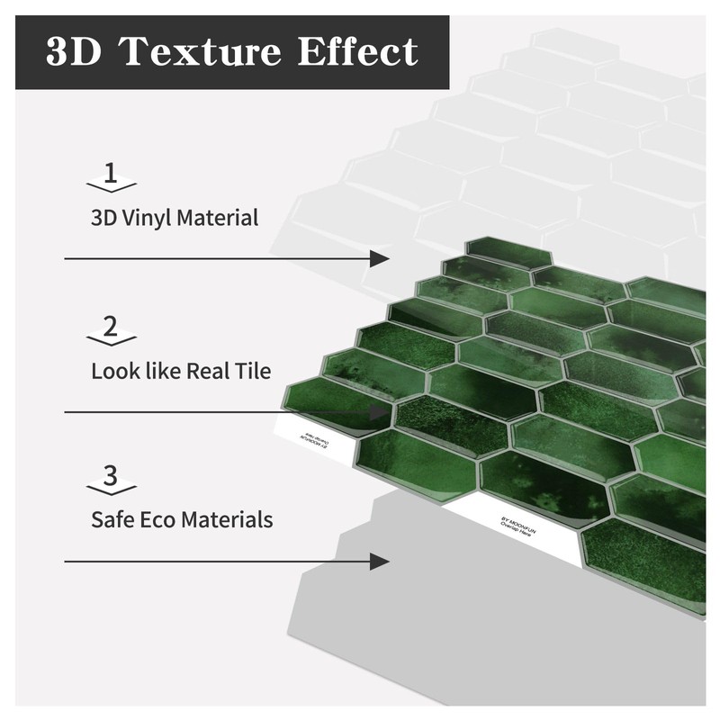 MOONFUN Long Hexagon Peel and Stick Tiles Backsplash,10 Sheets 3D