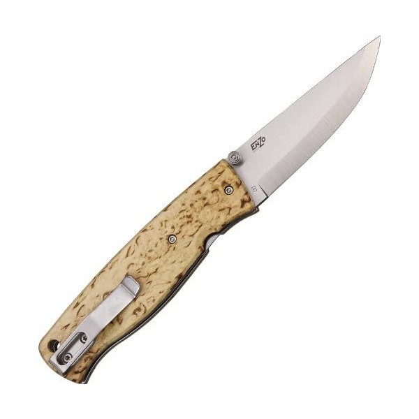EnZo Birk 75 Curly Birch 4 1/8" closed 2 7/8" New D2 tool steel blade New Knife