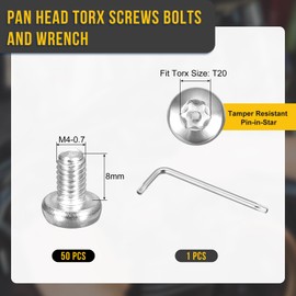 DTGN M4x8mm Pan Head Torx Security Screws - 50Pack - Good for Machinery - 304 Stainless Steel Tamper Proof Torx Security Fasteners & Wrench - Silver Tone