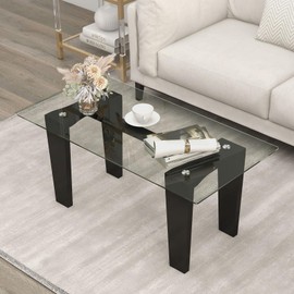 Giantex Rectangular Glass Coffee Table, Modern Tempered Glass Top Accent Table with Transparent Tabletop & Rubber Wood Frame, Center Table for Living Room & Office, 39.5” x 19.5” x 18”