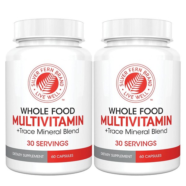 Silver Fern Whole Food Daily Multi Vitamin w/ Trace Mineral Blend Supplement - 2 Bottles - 60 Vegicaps Each - 60 Day Supply - Natural, Non-GMO, Vegan, Multivitamin for Men & Women - Zero Synthetics