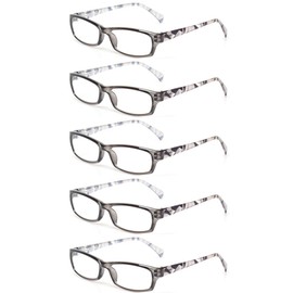 Kerecsen 5 Pairs Fashion Ladies Reading Glasses Spring Hinge Pattern Design Readers, 5 Pack Gray, Medium