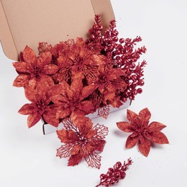 24Pcs Red Glitter Poinsettia Christmas Tree Ornaments and Glitter Berries Stems, 16Pcs Christmas Artificial Flowers and 8 Pack Christmas Tree Picks for Wedding Holiday Decorations