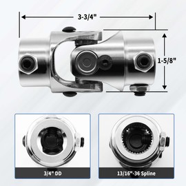 RABROPAR 13/16" 36 Spline X 3/4" DD Single Steering Shaft Universal U Joint Coupling Chrome 3-1/4" Overall Length