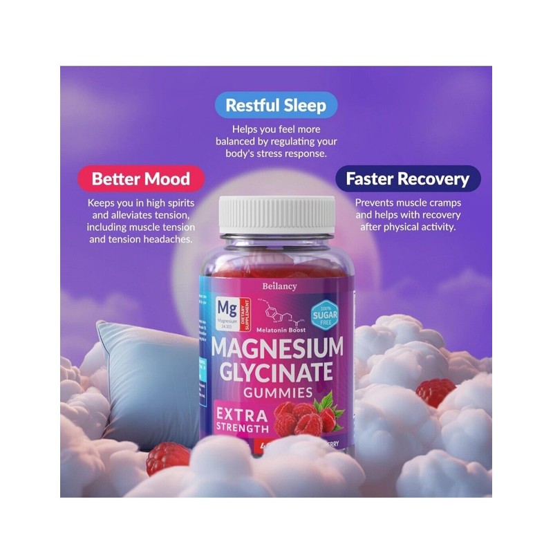 Beilancy Magnesium Glycinate Gummies - Raspberry Flavor - 400mg -