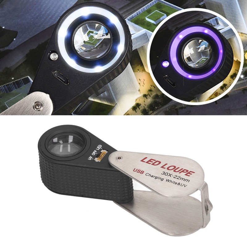 LED UV Loupe Rechargeable Foldable Portable Metal 30X Pocket Magnifier