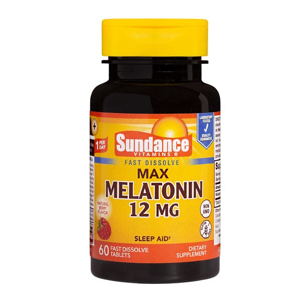 Sundance Vitamins Max Melatonin 12 mg Natural Berry Flavor - 60 Tablets, Pack of 4