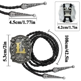 Yjfeshion Western Bolo Tie Golden Initial Letter ABJR to XYZ Cowboy Necktie Handmade Leather Bolo Tie for Men Women L