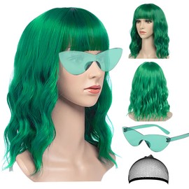 LOHO WONDERZ Green Wig and Sunglasses Set - 15 Inch Wavy Wig With Bangs - Heat Resistant Shoulder Length Curly Bob Wigs for Women - Bachelorette Party Costume Cosplay (Green)