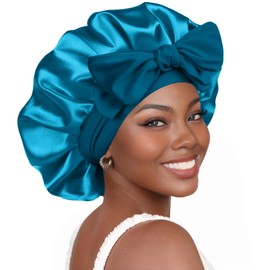 Weardear 1 Stück Satin Bonnet Seidenhaube zum Schlafen Atmungsaktive Nacht Schlafmütze Haarhaube Schlafkappe Satinhaube Pfauenblau Groß