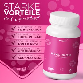 Hyaluronsäure Kapseln - Hochdosiert mit 500mg Hyaluron - 500-700 kDa - 90 vegane Kapseln