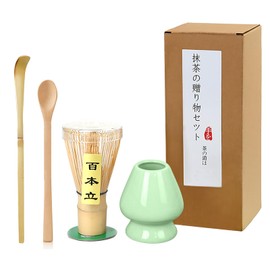 Handcrafted Matcha Whisk Set of 4 - Traditional Bamboo Whisk (100-prong Chasen), Bamboo Scoop, Tea Spoon & Celadon Holder, Perfect Set for Tea Enthusiasts to Prepare a Traditional Cup of Matcha