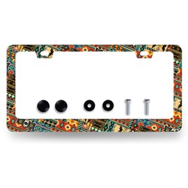 Ethnic Tribal Texture License Plate Frame Boho License Plate Holder Stainless Steel Funny Colorful Car Accessories Decoration 6.3" X 12.3" with 2 Holes Screws