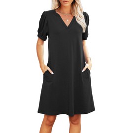 RUMIA V-Neck Summer Casual Sundress for Women- Puff Short Sleeve Swing Beach Dress with Pockets Black