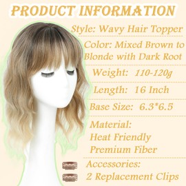 LEDIZE Hair Topper, 16 Inch Hair Toppers for Women with Thinning hair, 360° 3D Realistic Hair Pieces for Women Wispy Bangs Clip Synthetic Curly Wavy