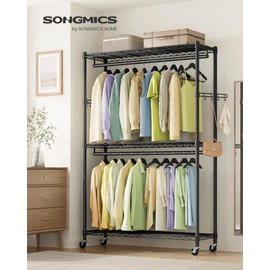 SONGMICS Heavy-Duty Rolling Clothes Rack, Garment Rack, Portable Closet, 43.3-Inch Wide Clothing Rack on Wheels, with Adjustable Mesh Shelves and Hanging Rails, Hooks, Ink Black ULGR414B01