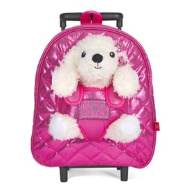 PERLETTI Cuddly Toy Backpack Girls with Poodle Plush Toy - Pink School Bag Nursery with Plush Puppy - Pink Children's Bag for Children 3 4 5 6 Years, pink, backpack with wheels