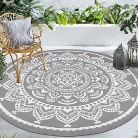Bsmathom Round Outdoor Rug 6Ft, Waterproof Plastic Straw Rug, Reversible Portable Camping Rug Carpet Outside Area Rugs for Camping, RV, Picnic, Beach, Backyard, Pool Deck, Grey