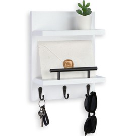 Lucundm Key Holder Wall Mount, Mail Shelf Decor with 3 Key Hooks, Versatile Wood Wall Organizer for Entryway Hallway (8.2” x 10.6”x 3.6”) (White)