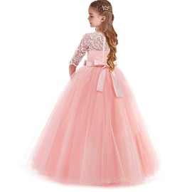 REXREII Flower Girls 3/4 Sleeves Lace Tulle Dresses Jr. Bridesmaid Wedding Party Birthday Pageant Communion Dance Ball Gown Pink 11-12T