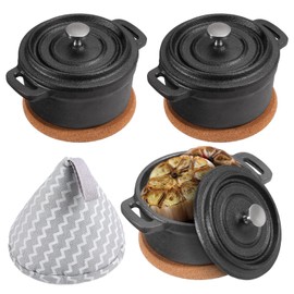 OGANAZI 3 Pcs Mini Cast Iron Dutch Oven Set – 8 oz Garlic Roaster Cocotte Pots with Lids, Handles and Cork Pan Mats Small Cast Iron Pots for Baking, Roasting, BBQ Grill, Stovetop and Oven Use