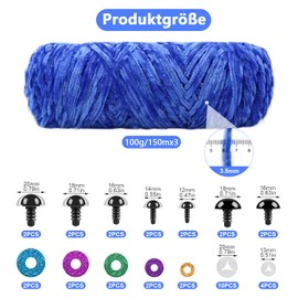 Mngevcy 3 x 150 m Chenille Wool for Crochet, Fluffy Wool, Soft Chenille Yarn with Safety Eyes for Knitting (Royal Blue)