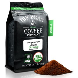 The Bean Organic Coffee Company Peppermint Mocha, Medium Roast, Ground Coffee, 16-Ounce Bag,Café molido tostado organico