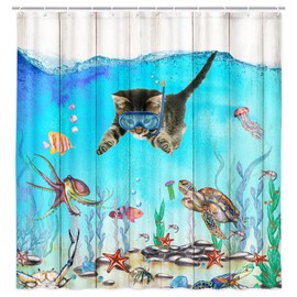 bzwcbei Funny Cat Shower Curtain, Cat Swimming in Sea Ocean with Turtle Octopus Bathroom Shower Curtain Set, Shower Curtains Liner with Hooks, 36x70inches