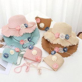 HIMKI Straw Hat Girls Straw Hat with Bag Kids Sun Hat Cute Summer Beach Hat + Straw Bag for Girls Travel Hat with Flower Decoration for Holiday Travel Outdoor Head Circumference 52-54 cm, beige