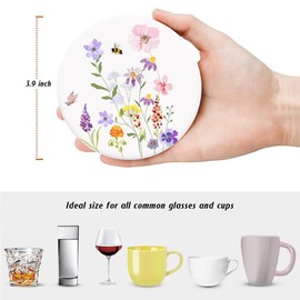 Aowced Drink Absorbent Coasters with Holder Set of 6, Ceramic Stone with Cork Base, Abstract Watercolor Botanical Floral Coaster for Drinks, Gift for Housewarming Room Bar Home Decor Kitchen
