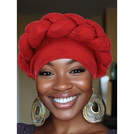 Woeoe African Turban Head Wrap Red Braid Beanie Cap Headwear Crystals Twisted Head Turbans for Women and Girls (red)