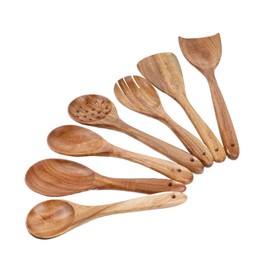 NEEM Wood Spoons Set of 7, Large 11 Inch Wooden Non-Stick Kitchen Set,100% Natural NEEM wood Kitchen Utensils Spatula, Wooden Cooking Utensils Spoons, Fried Spatula and Salad Fork