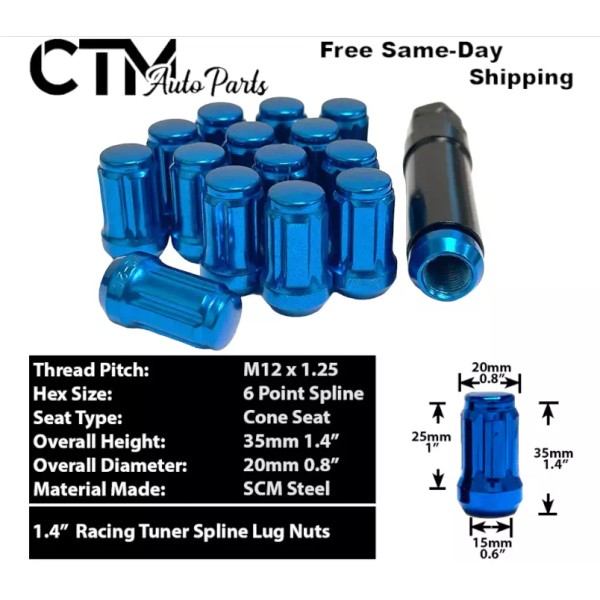 CTM 16x 1.4" BLUE 12x1.25 Spline Tuner Racing Lug Nuts