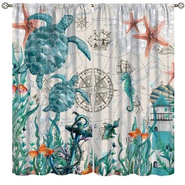 Sea Turtles Curtains, Beach Nautical Ocean Starfish Seashell Seahorse Window Treatments for Bedroom Kitchen Nursery, Conch Compass Beachy Coastal Blackout Drapes 2 Panel Sets,42x45 Inch