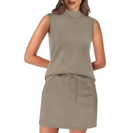XIEERDUO Two Piece Lounge Sets for Women Beach Fashion Vacation Clothes Matching Sets Women Clothing Summer Cruise Travel Airport Outfits 2025 Mock Neck Sleeveless Tops Athletic Dress Coffee M