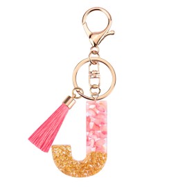 Suweibuke Cute Pink Key Chains for Women Girls, Initial Letter Keychains with Tassel, Charms for Key Purse Handbags Backpacks (Pink-J)