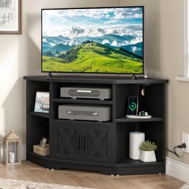 YITAHOME Corner TV Stands for Living Room, Black Entertainment Center with Storage, Farmhouse TV Stand for 55 inch TV w/Power Outlets, TV Console Media Cabinet, Black