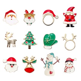 Taichell 12Pcs Christmas Rings for Women Christmas Tree Santa Deer Snowman Rings Xmas Holiday Charm Finger Ring Set Christmas Theme Jewelry Party (12PCS GOLD)