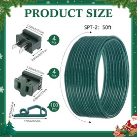 Yoojahow 109 Pcs SPT-2 50ft Christmas Electrical Wire with Female and Male Vampire Plugs & Light Clip Weatherproof 18awg 2-Conductor Wire for Christmas LED Lighting Holiday Party Supplies (Green)