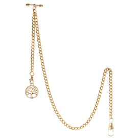 TREEWETO Men's Albert Chain Pocket Watch Curb Link Key Chain 2 Hooks with Antique Gold Life Tree Pendant Design Charm Fob T Bar