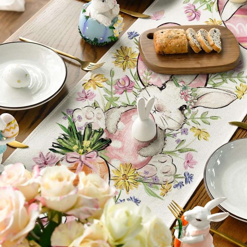Artoid Mode Flowers Leaves Easter Eggs Rabbit Easter Table Runner,