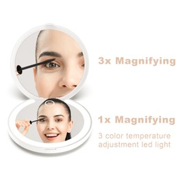 MY BEAUTY LIGHT Portable Bright Travel Makeup Mirror with Lights, 2-Sided Compact Magnifying Mirror, Dimmable and Color Temperature Changing Handheld Pocket Mirror with Light for Purses, Round, White