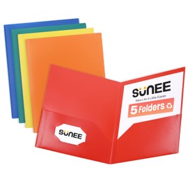 SUNEE Folders with Pockets, 5 Pack Recycled File Folders Fit 8.5x11 Letter Size Paper, Pocket Folders for School, Plastic Folders with Pockets and Business, Assorted Colors
